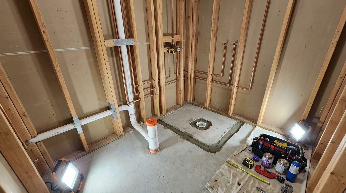 Bathroom rough-in plumbing during remodel by Johns Plumbing LLC in Fort Thompson