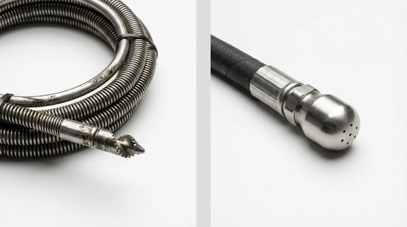 Drain snake cable and hydro jetting nozzle used for drain cleaning in Fort Thompson, SD