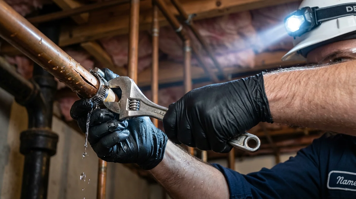 Emergency pipe clamp repair being performed by a Johns Plumbing LLC plumber in Fort Thompson