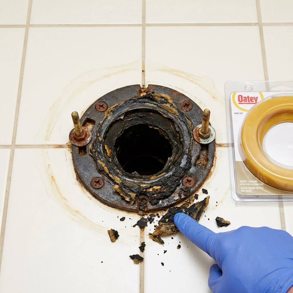 Failed wax ring showing water seepage at the base of a toilet in a Fort Thompson, SD home