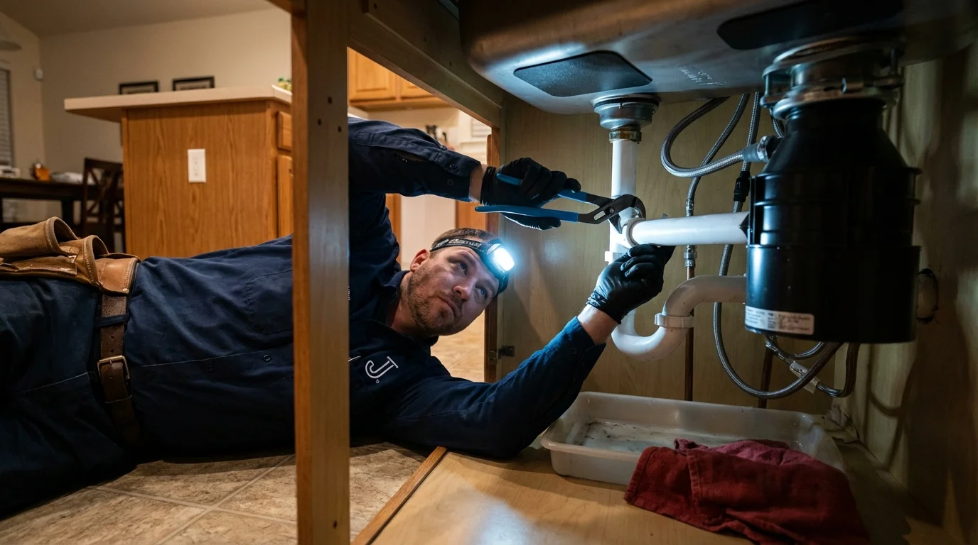 P-trap and supply line connections under a kitchen sink showing a common leak point in Fort Thompson, SD
